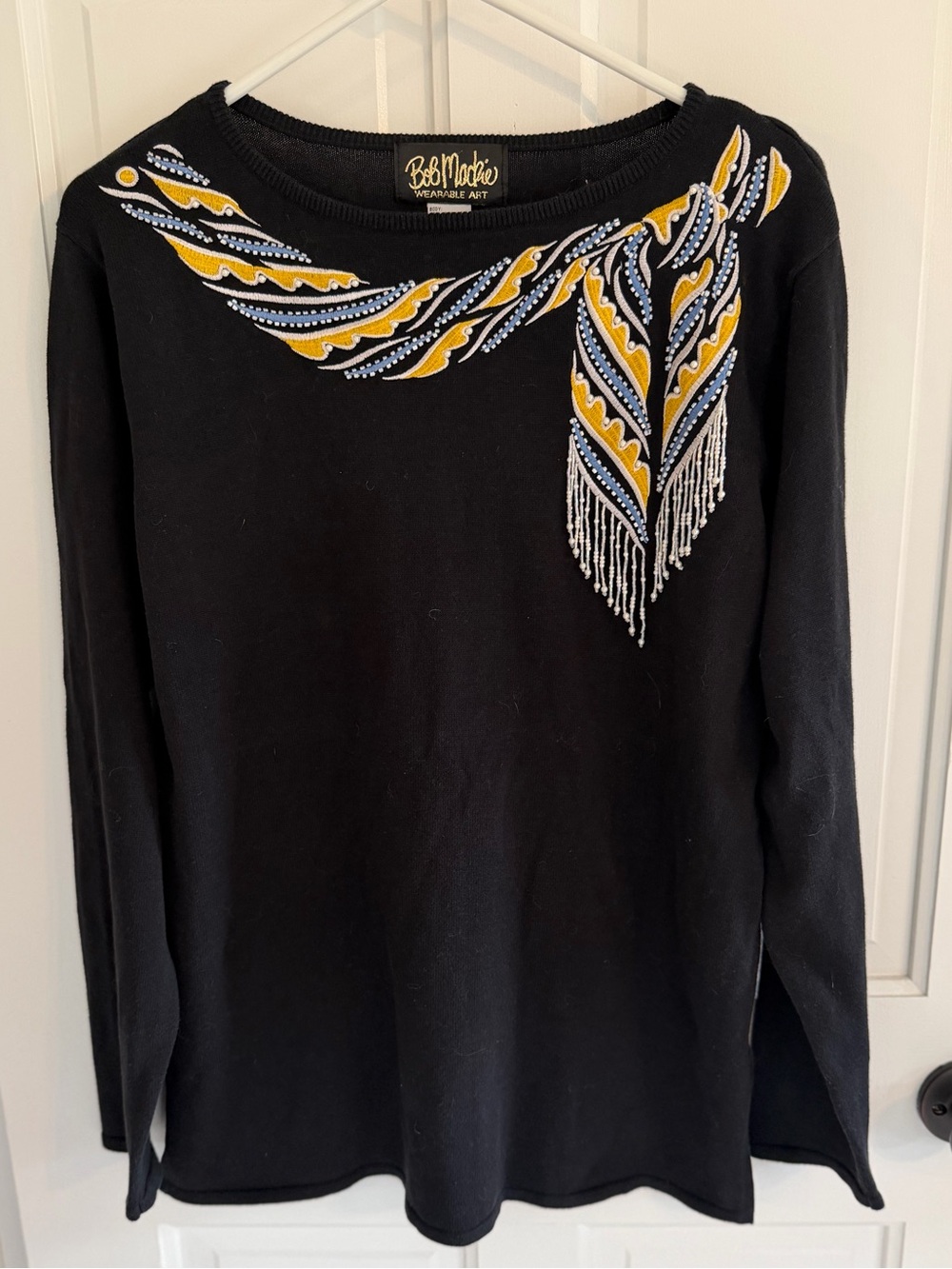 Vintage 90s Bob Mackie Wearable Art Beaded Fringe Sweater Black M
